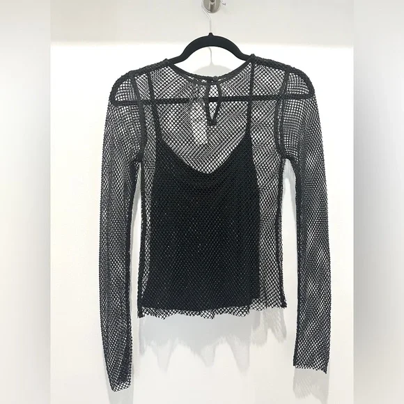 Anthropologie Long-Sleeve Beaded Mesh Top (XXS) - Picture 3 of 6